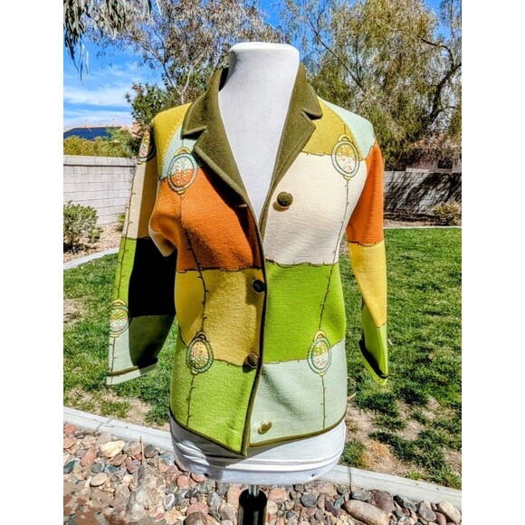 VTG Mod 1960s Squares Button-Down Cardigan Sweater Petite Sz10 Med Jacket EUC - Picture 1 of 7